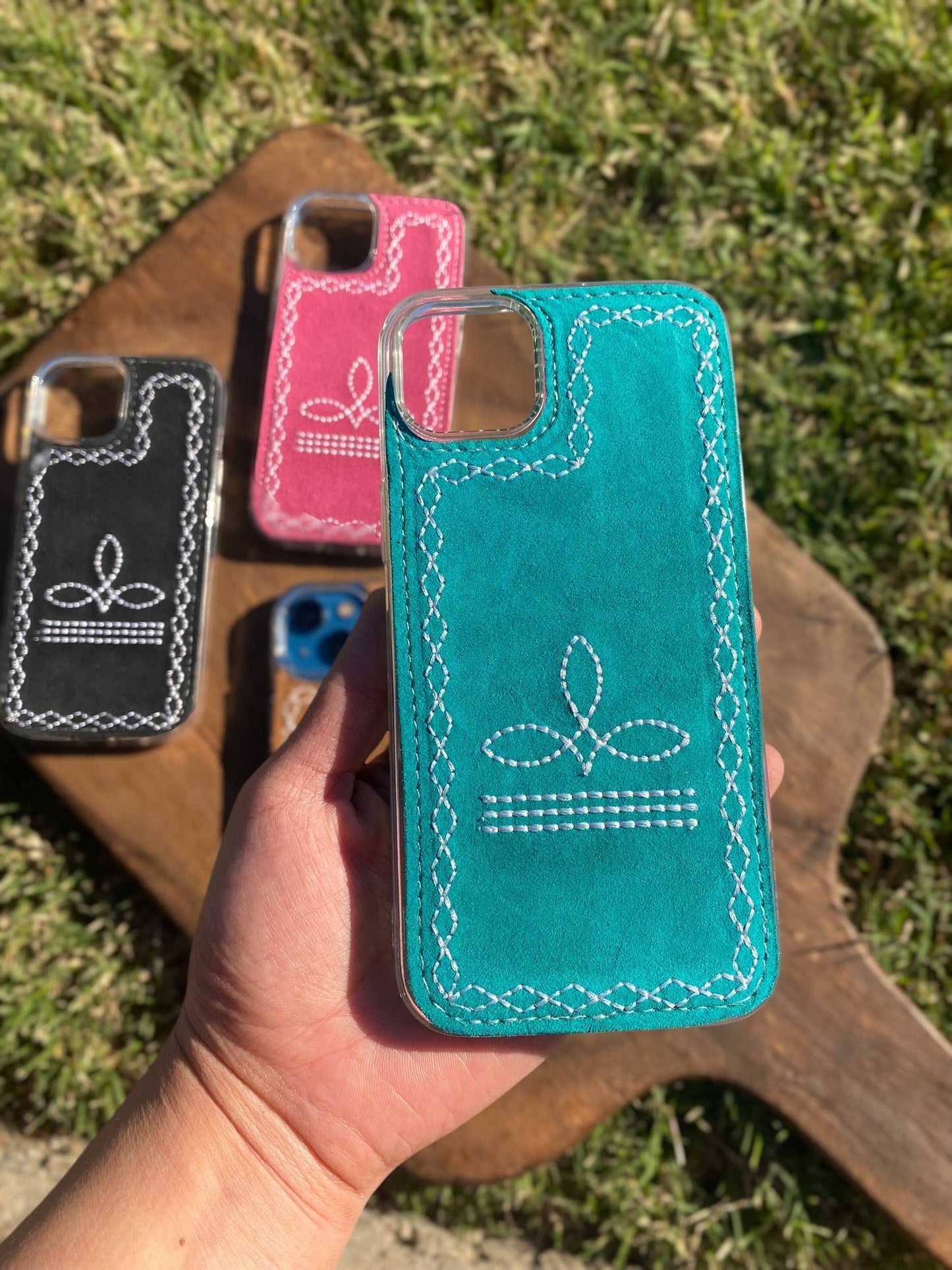 Pink Boot-Stitch Suede Leather Phone Case : Turquoise / 15 Plus