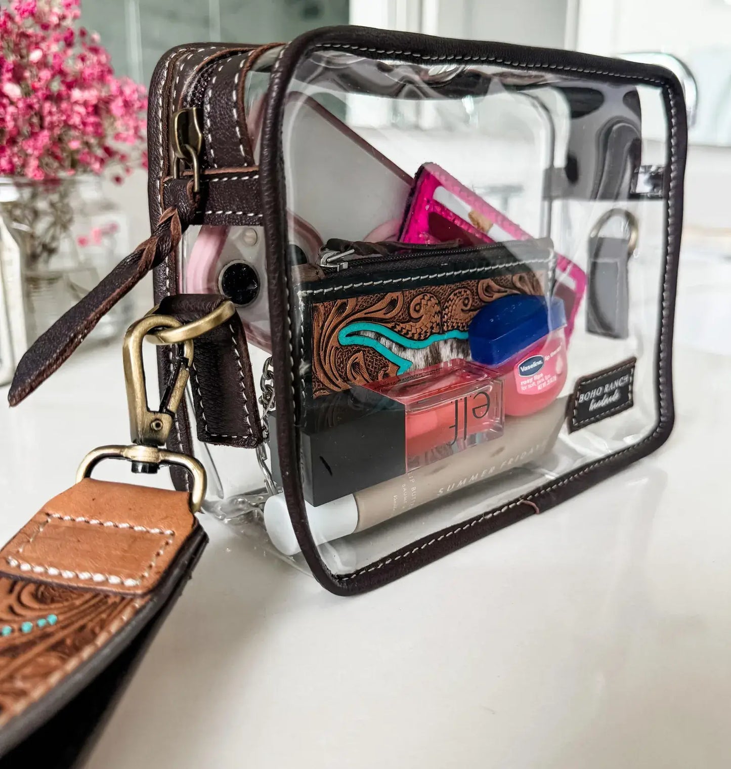 DARLA CLEAR WRISTLET | hand tooled strap - western purse: BROWN