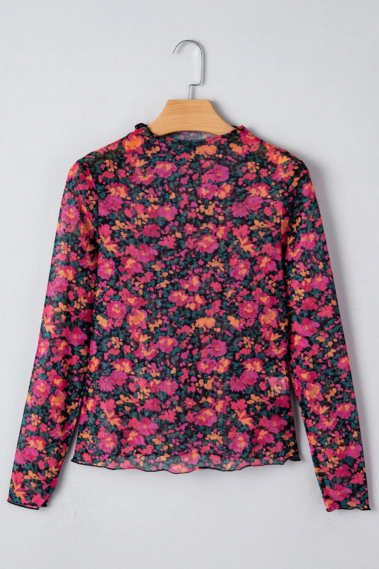 Slim Fit Floral Mesh Long Sleeve Mock Neck Top: Rose