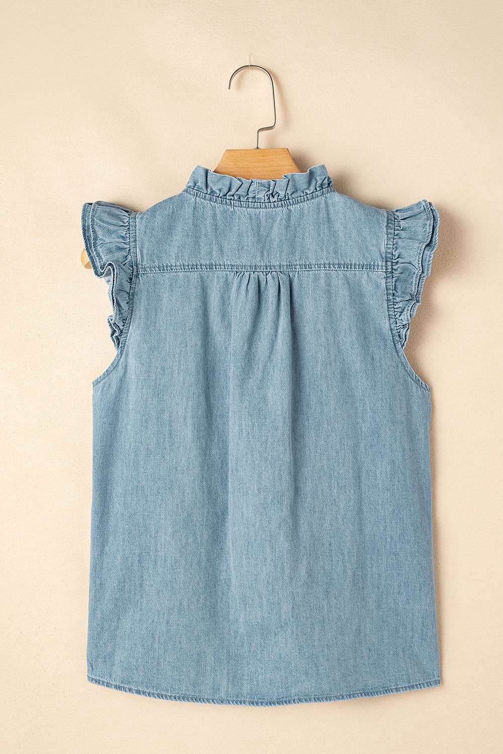 Frilly Ruffle Trim V Neck Chambray Tank Top: Beau Blue