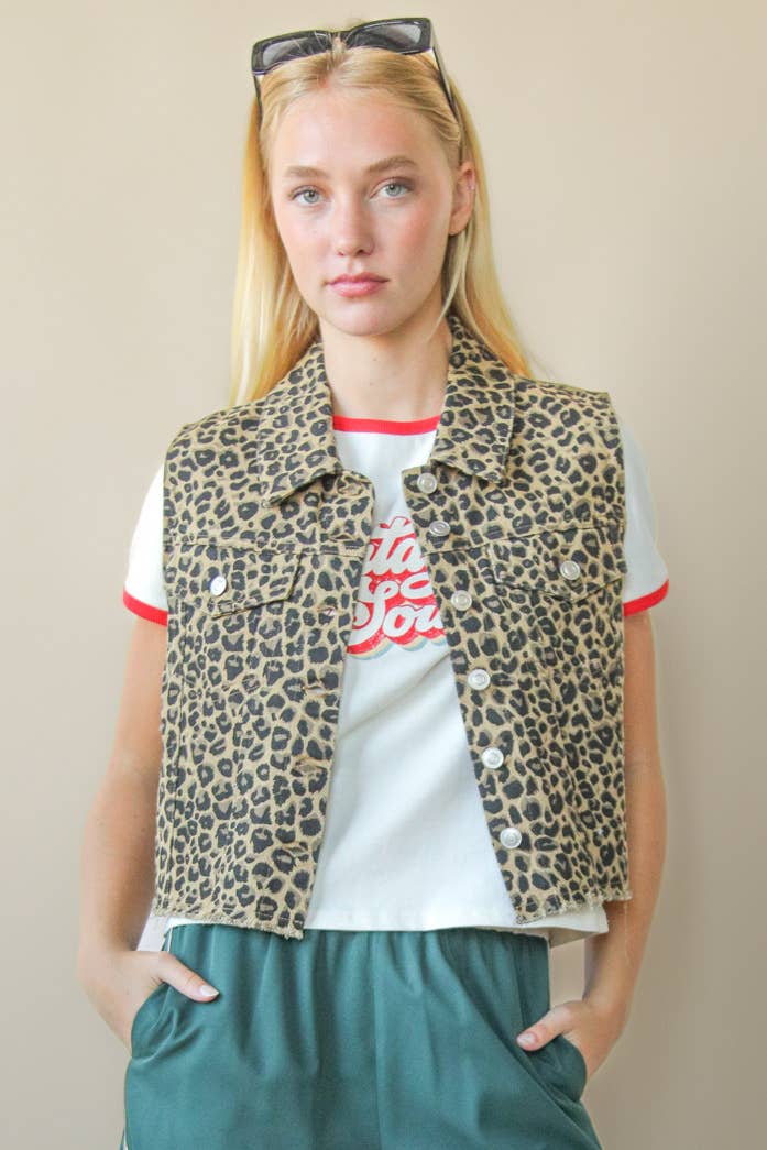Leopard Printed Collared Casual Vest: CAMEL MIX