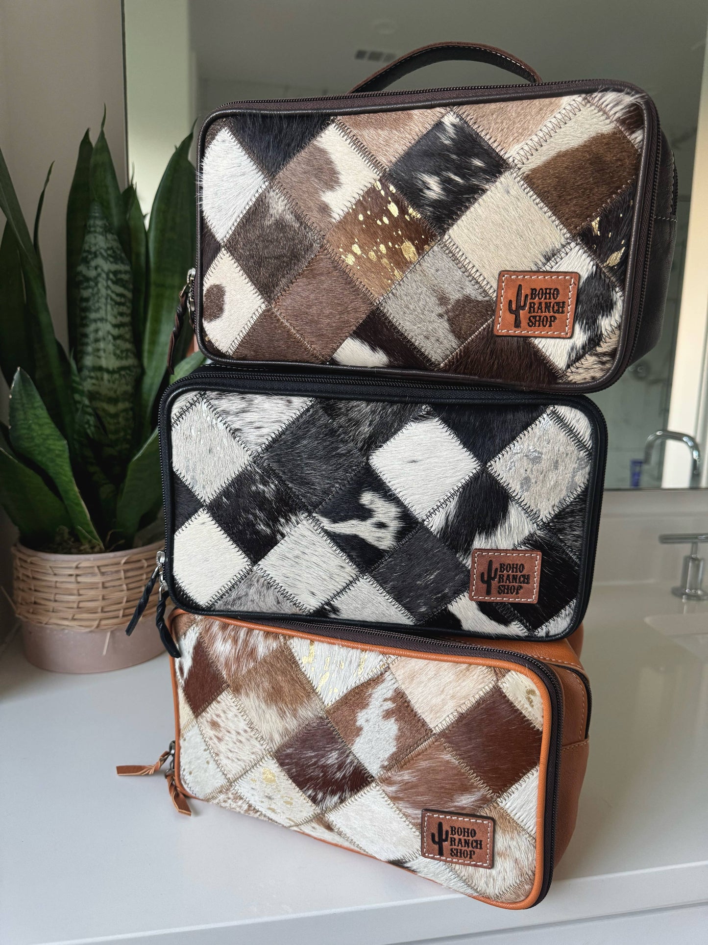 COWHIDE COSMETICS TRAVEL bag Genuine Hair On Leather makeup: BLACK + WHITE COWHIDE