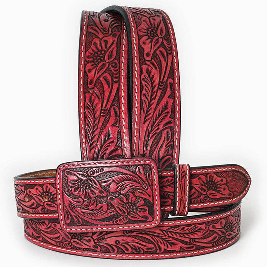 Red Tooled Leather Belt with Matching Floral Buckle