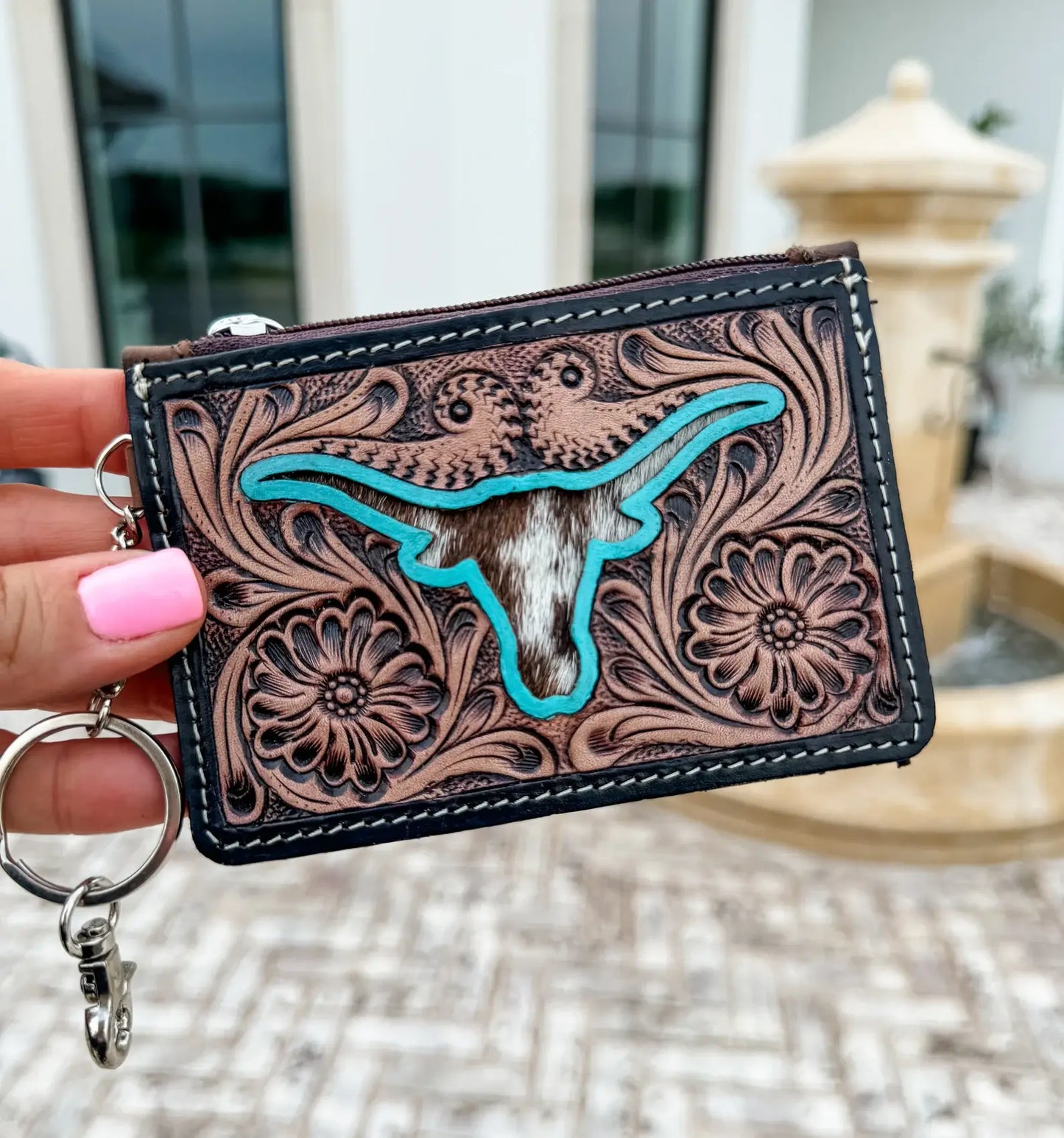 Western Cowhide Leather Keychain Wallet Longhorn Thunderbird: LONGHORN