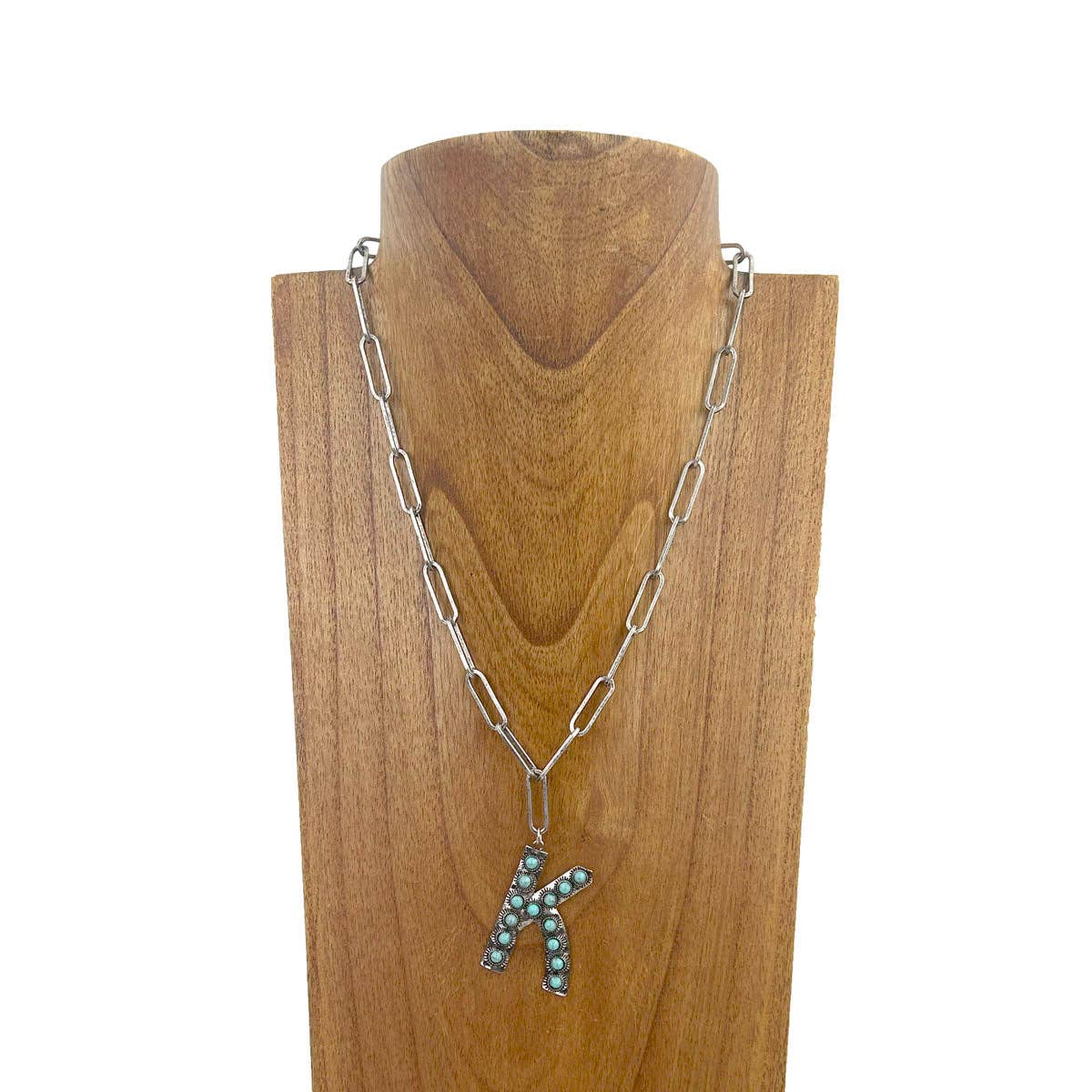 NKZ231125K-01              20 inches silver metal chain with blue turquoise stone letter K Necklace: BLUE