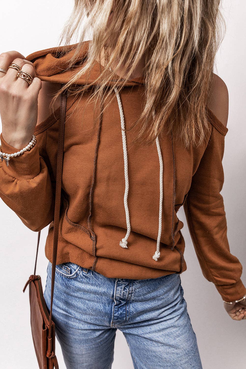 Solid Cold Shoulder Drawstring Hoodie: Cinnamon