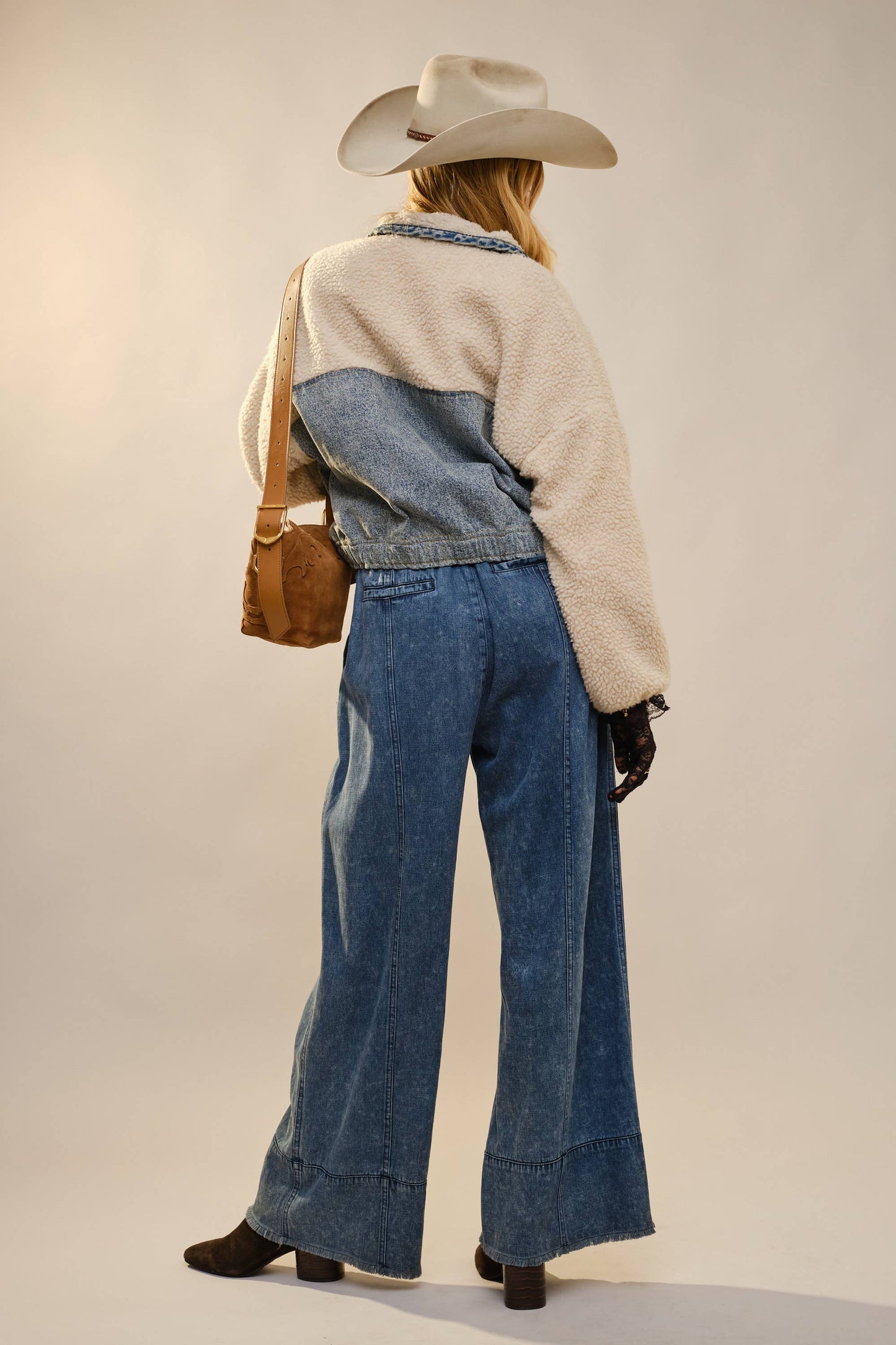 Sherpa Denim Quarter Zip Pullover: MED WASH / S-M-L