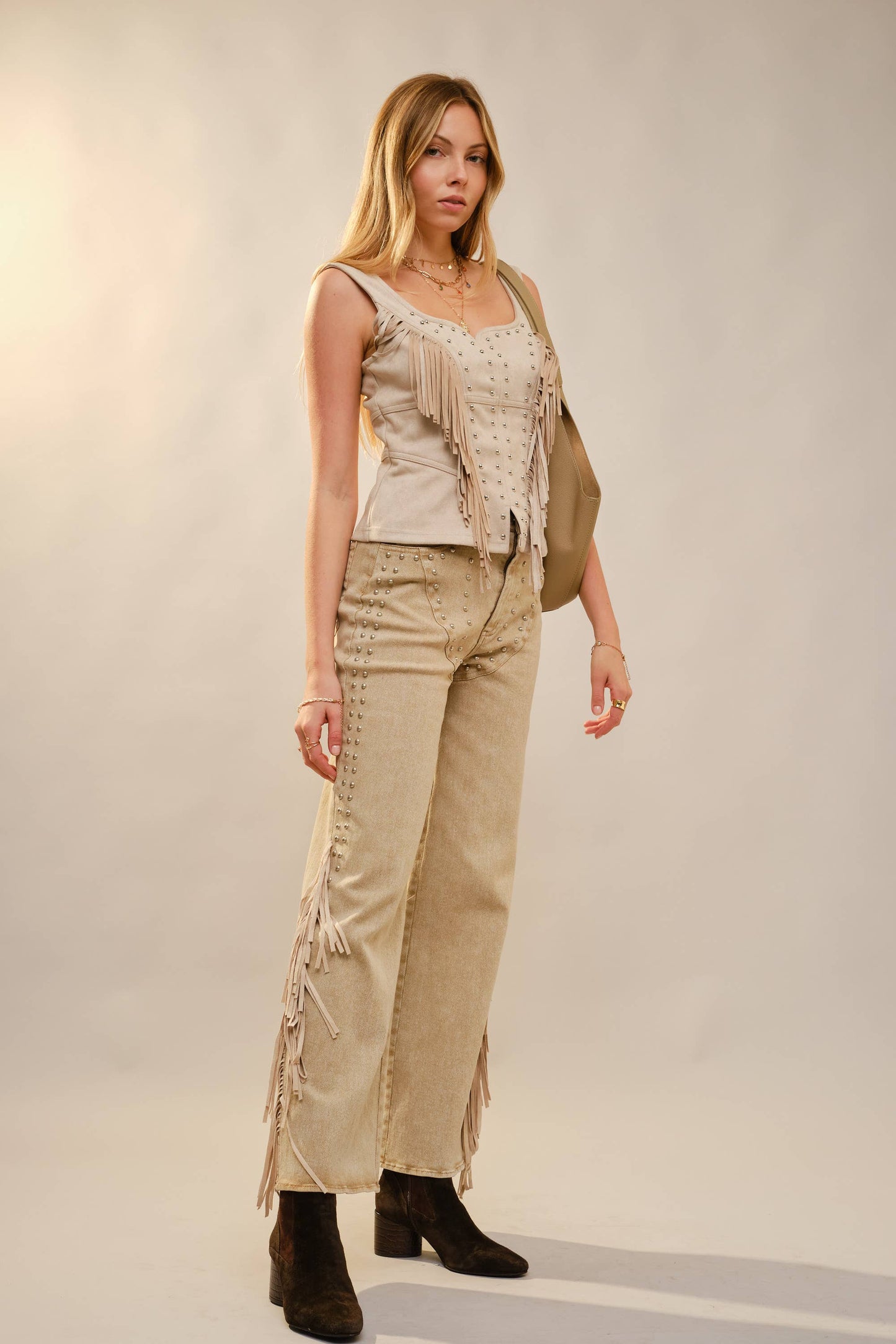 Fringe Stud Faux Suede Tank: CAMEL