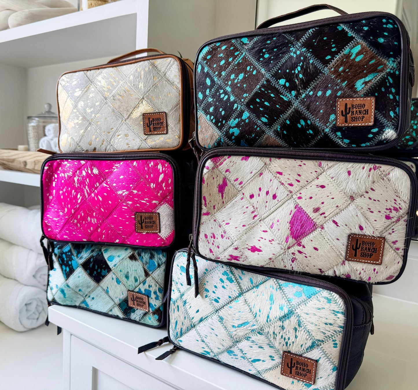 COWHIDE COSMETICS TRAVEL bag Genuine Hair On Leather makeup: BLACK + WHITE COWHIDE