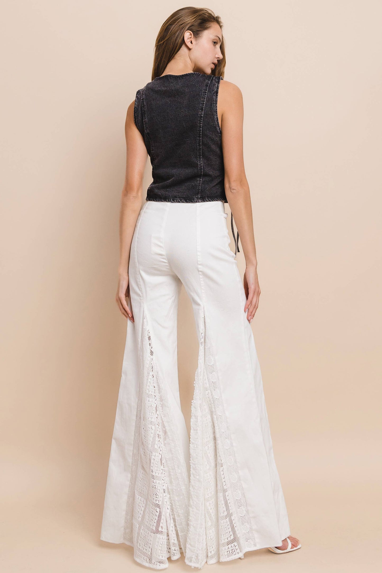 BOHO DENIM VEST TOP WITH LACE UP SIDES - W6402 BLACK: Black / M