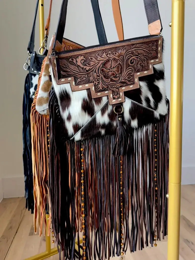 DIXIE CROSSBODY cowhide Western Tooled Leather fringe purse: BROWN + WHITE COWHIDE