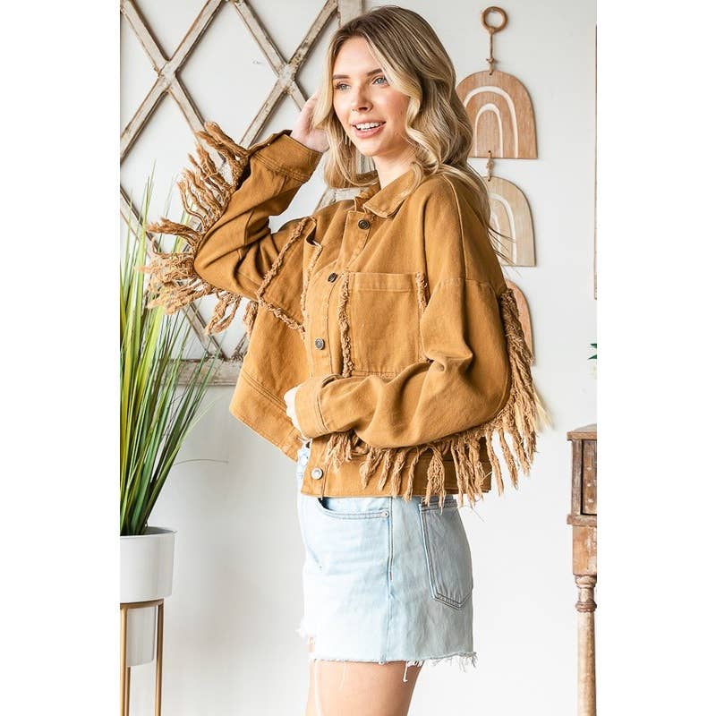 WASHED BUTTON DOWN FRINGE TWILL JACKET: WASHED CAMEL / XS-S-M-L-XL(1-2-2-2-1)
