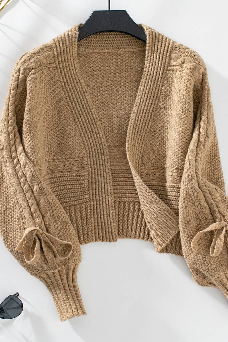CWOCAL0850_LONG SLEEVE BOW TIE KNIT CARDIGAN SWEATER: KHAKI / (L) 1
