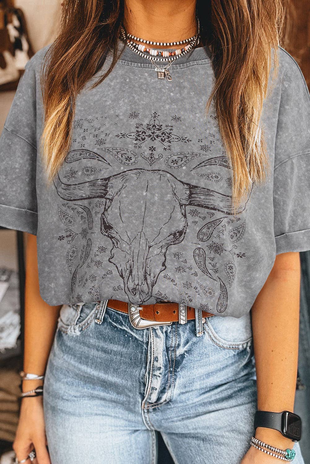Light Grey Western Steer Head Tie Dye Print Crew Neck T Shirt: Light Grey / 95%Cotton+5%Elastane / XL