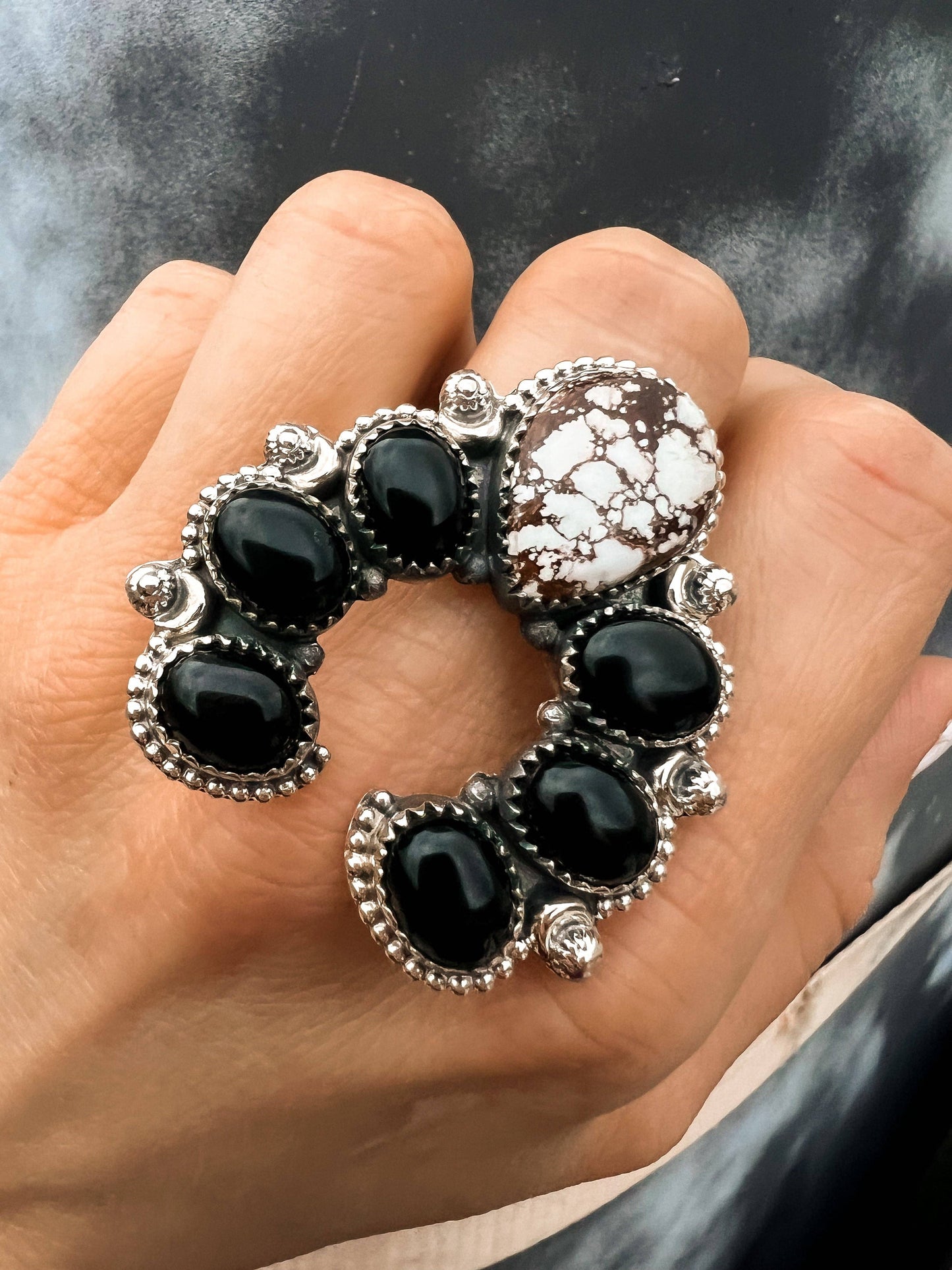 Squash Blossom Horseshoe Sterling Silver Ring | Multiple Stone Options!: Adjustable / Turquoise