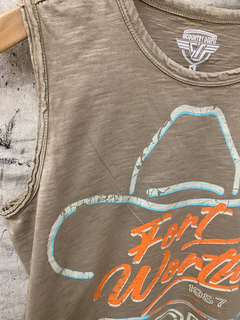 Fort Worth Rodeo 1987 vintage Muscle Crop Top : Small Faded Brown