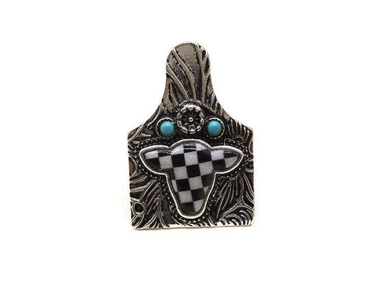 Western Cattle Tag Cow Head Checker Cuff Ring