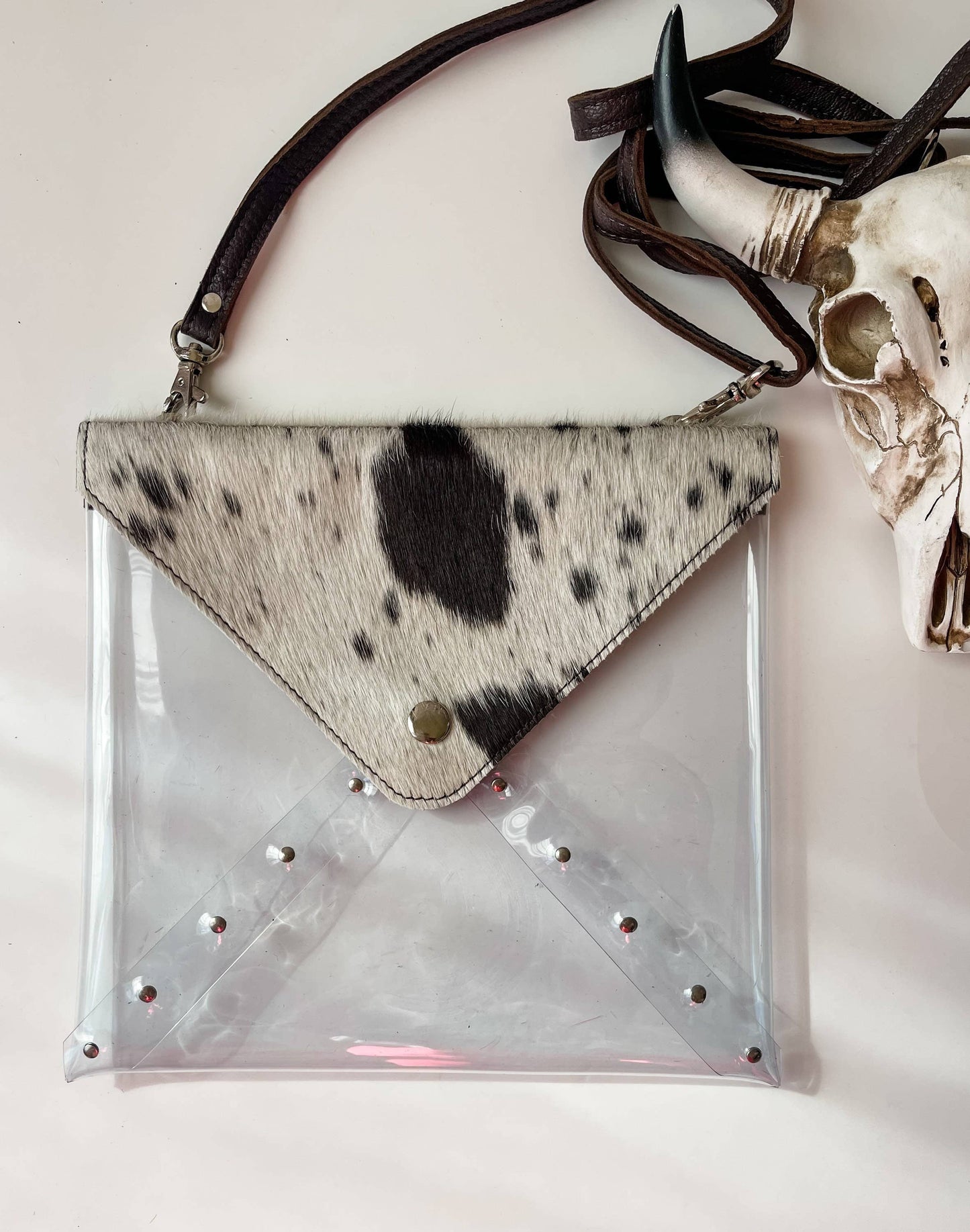 Western Cowhide Hairon Clear Crossbody Purse: Tan + White