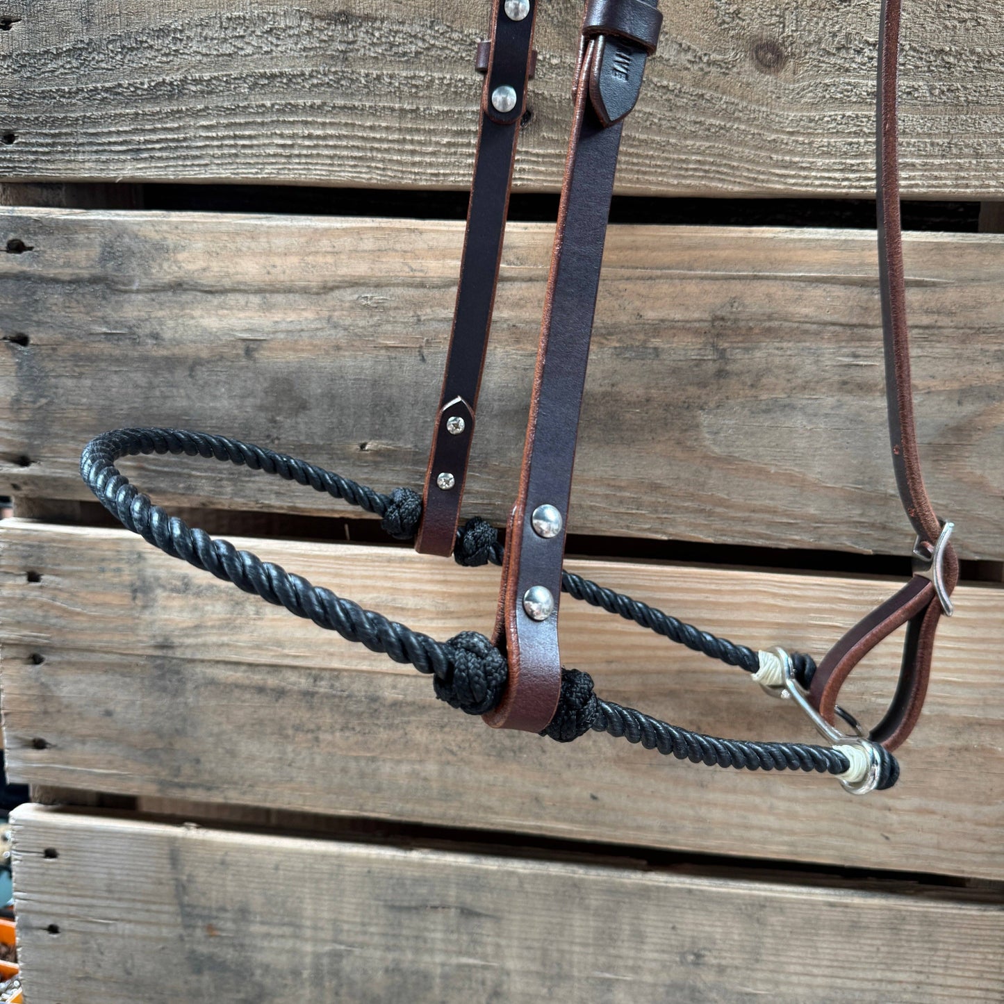 Black Single Rope Noseband Lariat with Leather Hanger