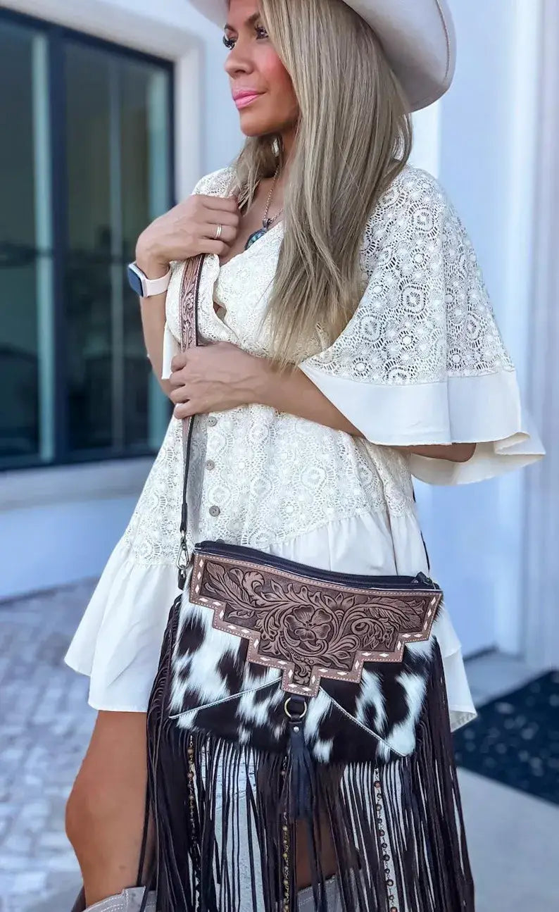 DIXIE CROSSBODY cowhide Western Tooled Leather fringe purse: BROWN + WHITE COWHIDE