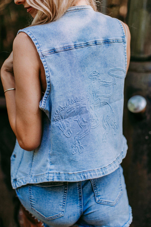 MK411 Sterling Embossed Denim Vest -Light Wash: Denim / S