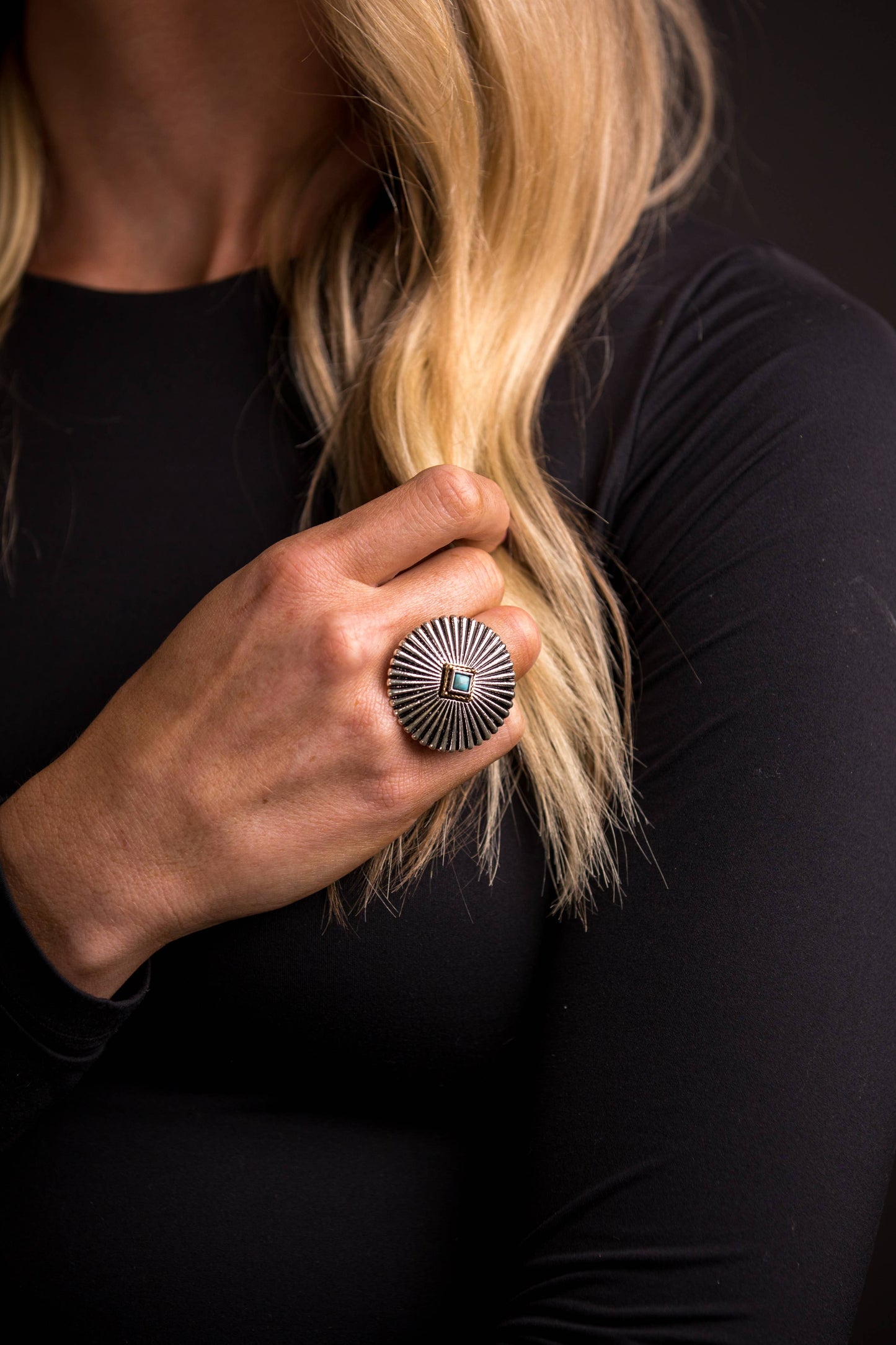 Adjustable 2 tone Burst Concho Ring with Turquoise Accent