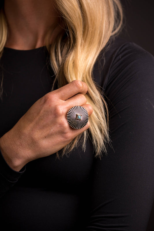 Adjustable 2 tone Burst Concho Ring with Turquoise Accent