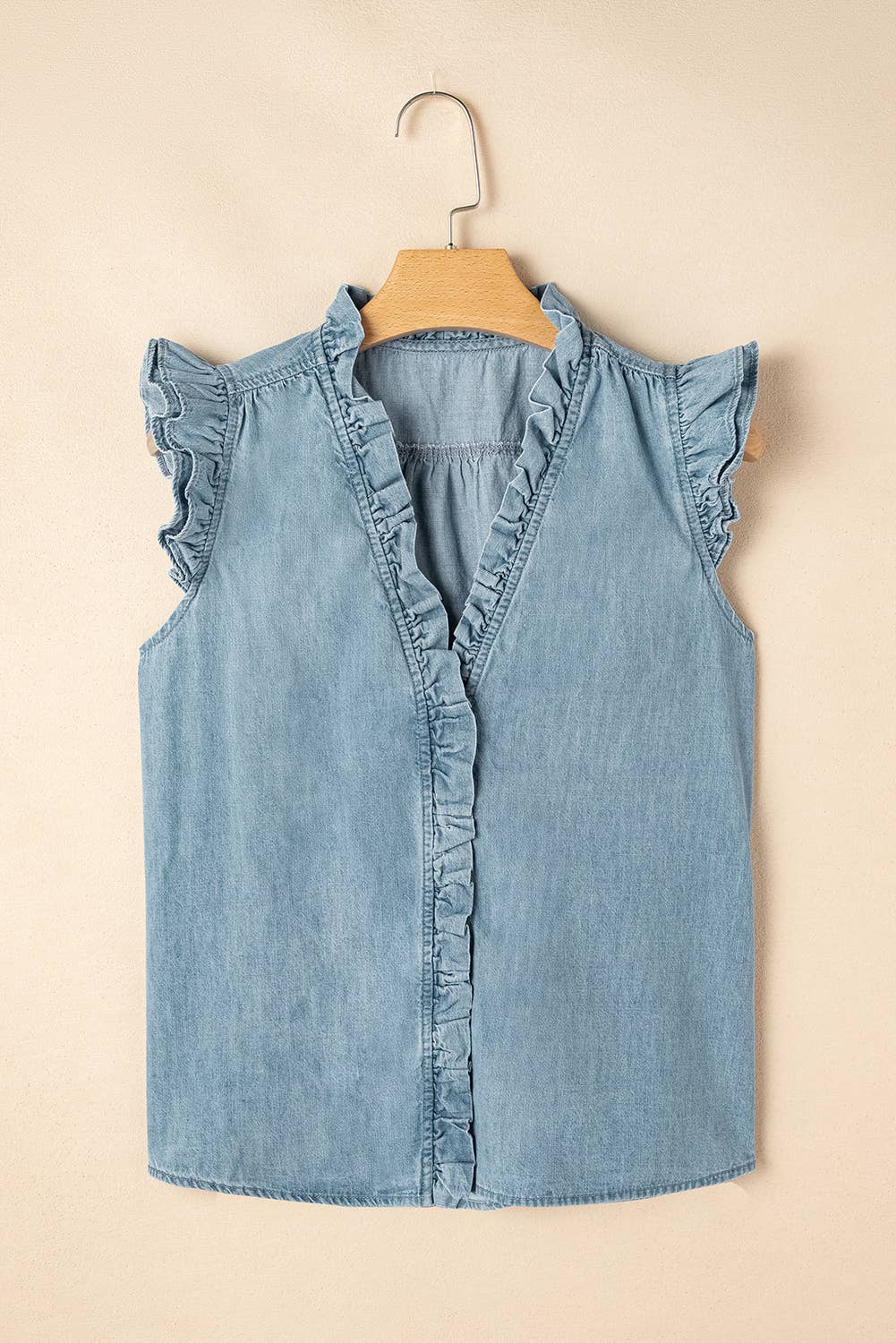 Frilly Ruffle Trim V Neck Chambray Tank Top: Beau Blue