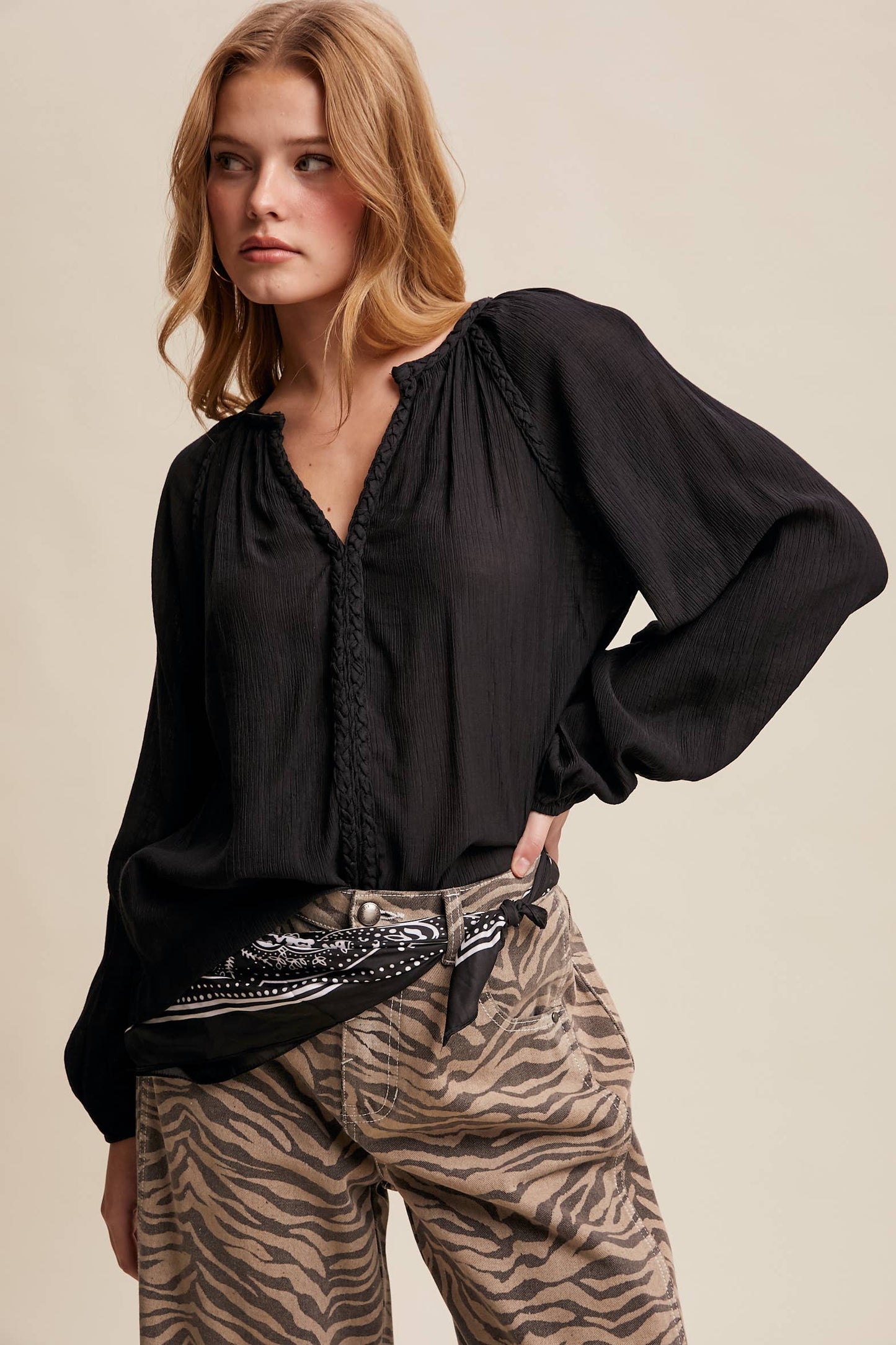 Braided Trim Peasant Blouse LT1447: Ecru / Contemporary / S