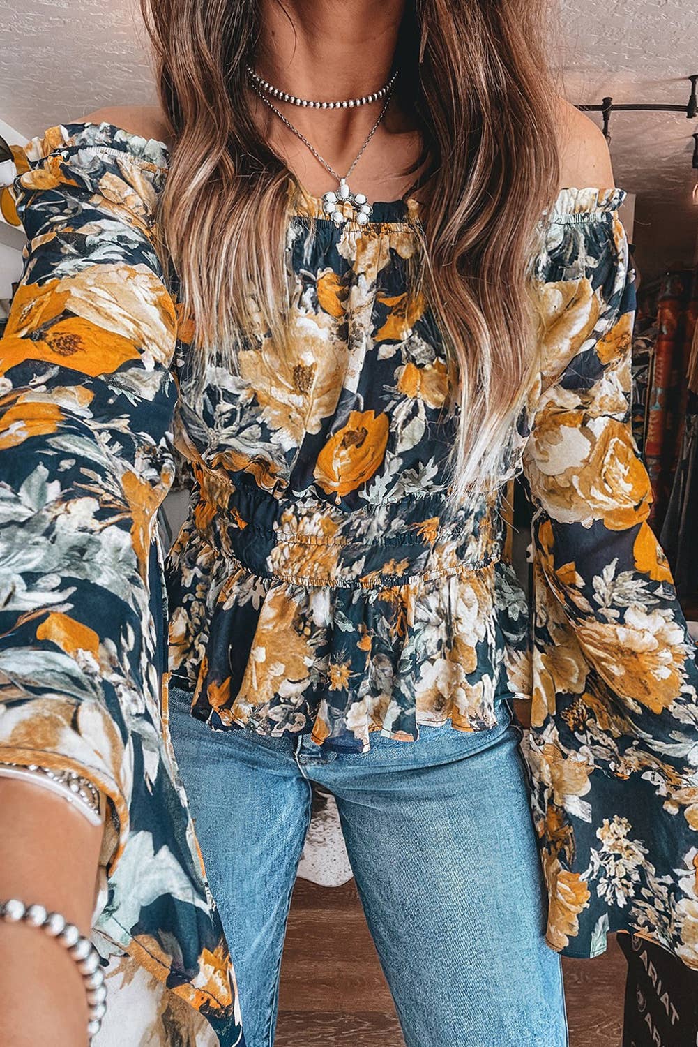 Floral Off Shoulder Bell Sleeve Smocked Peplum Top: Blue / M