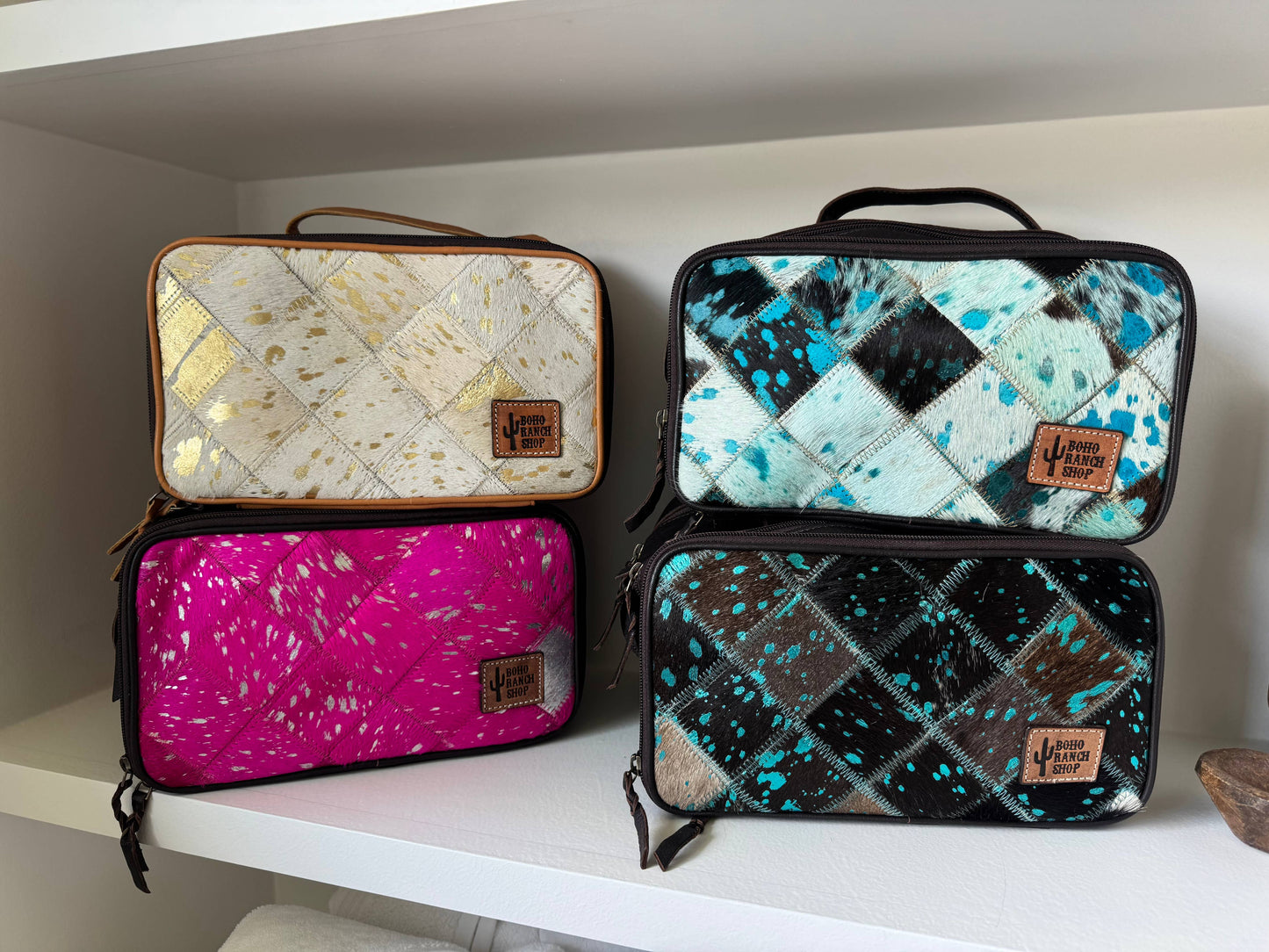 COWHIDE COSMETICS TRAVEL bag Genuine Hair On Leather makeup: BLACK + WHITE COWHIDE
