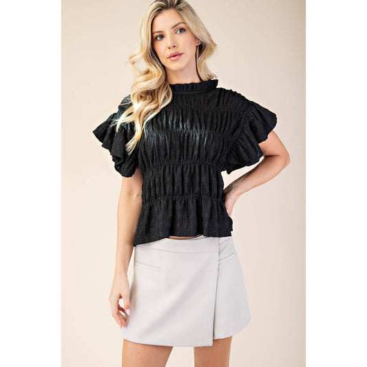 NEW Ruched Flutter Sleeve Top: BLACK / M