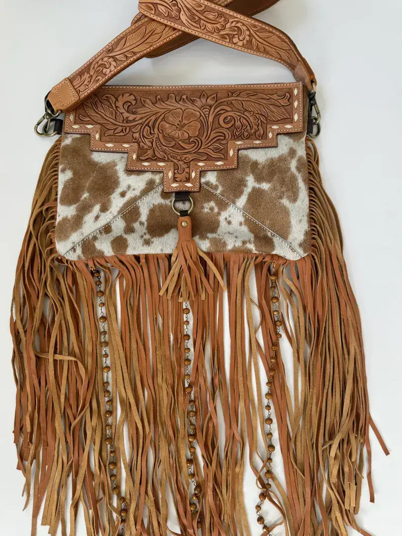 DIXIE CROSSBODY cowhide Western Tooled Leather fringe purse: BROWN + WHITE COWHIDE