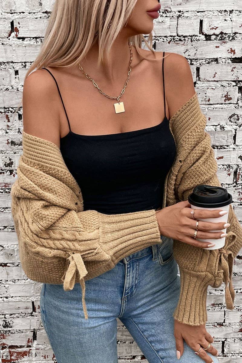 CWOCAL0850_LONG SLEEVE BOW TIE KNIT CARDIGAN SWEATER: KHAKI / (XL) 1