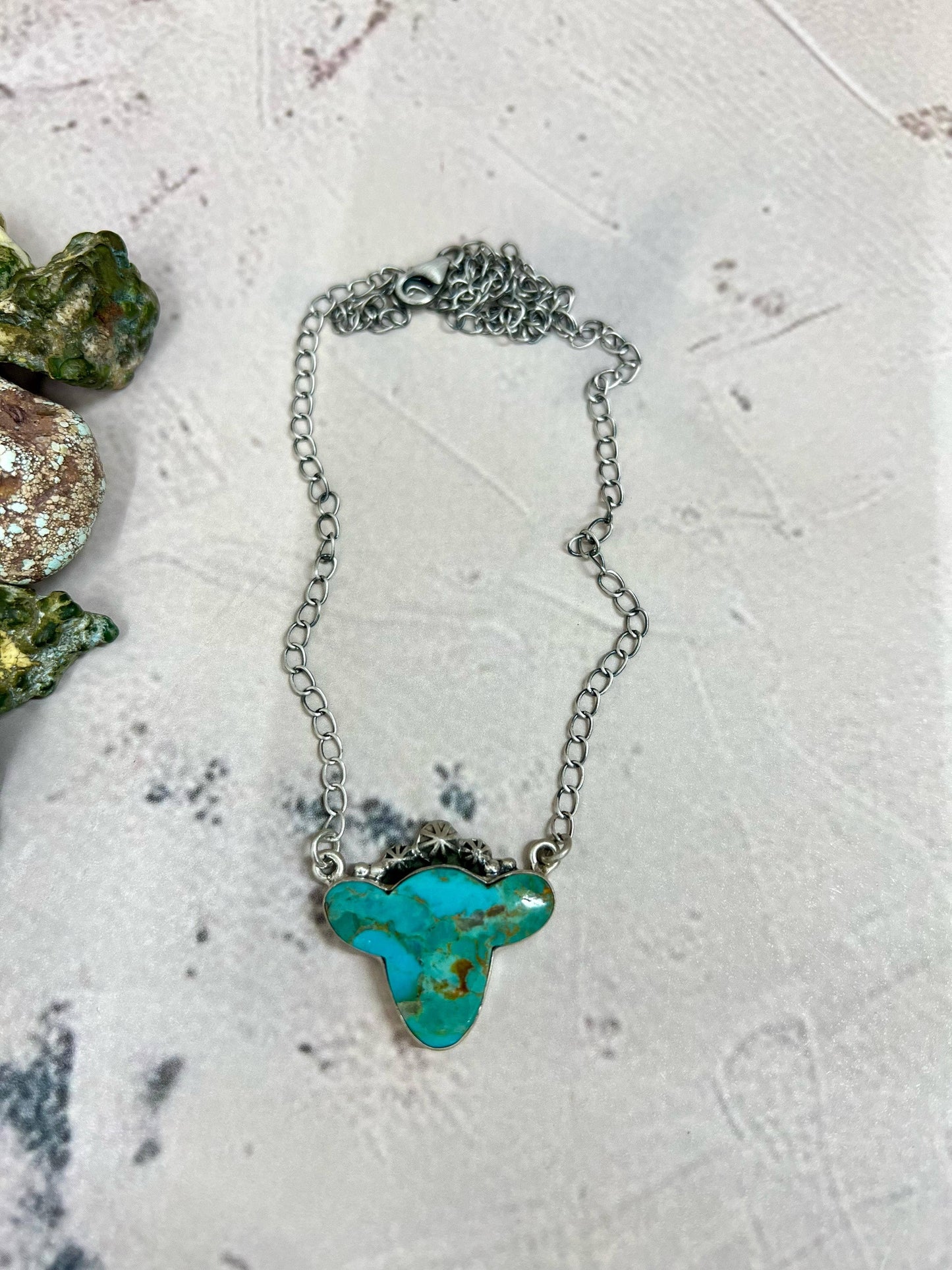 Handmade Sterling Silver Kingman Turquoise Cowhead Necklace with Signed Nizhoni: Kingman Turquoise