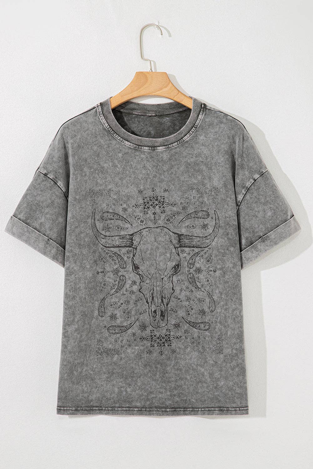Light Grey Western Steer Head Tie Dye Print Crew Neck T Shirt: Light Grey / 95%Cotton+5%Elastane / L