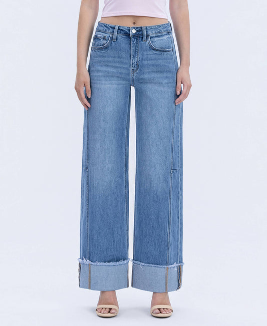 HIGH RISE MEDIUM WASH CUFFED WIDE JEANS T6684: ADORE YOU