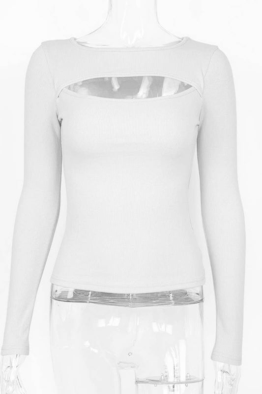 CWTBLL3780_RIBBED CUTOUT SLIM FIT LONG SLEEVE TOP: WHITE / (L) 1