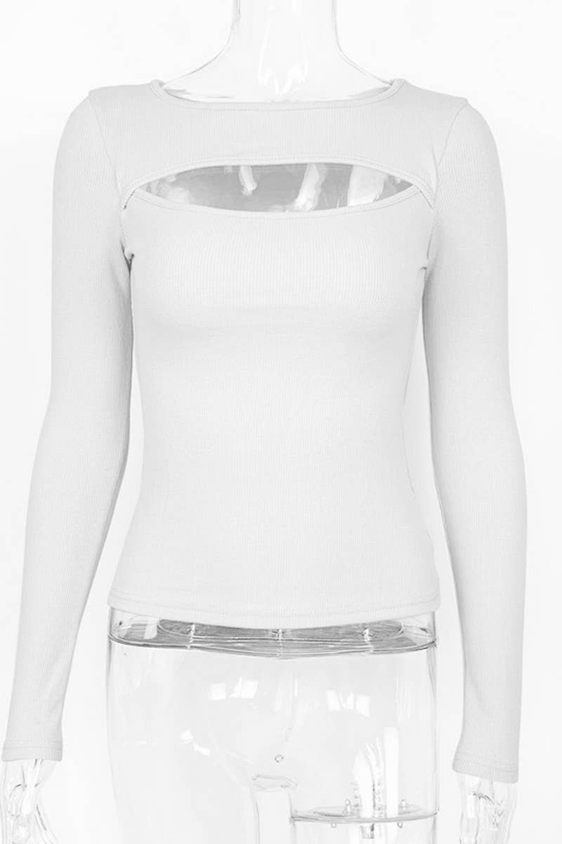 CWTBLL3780_RIBBED CUTOUT SLIM FIT LONG SLEEVE TOP: APRICOT / (M) 1