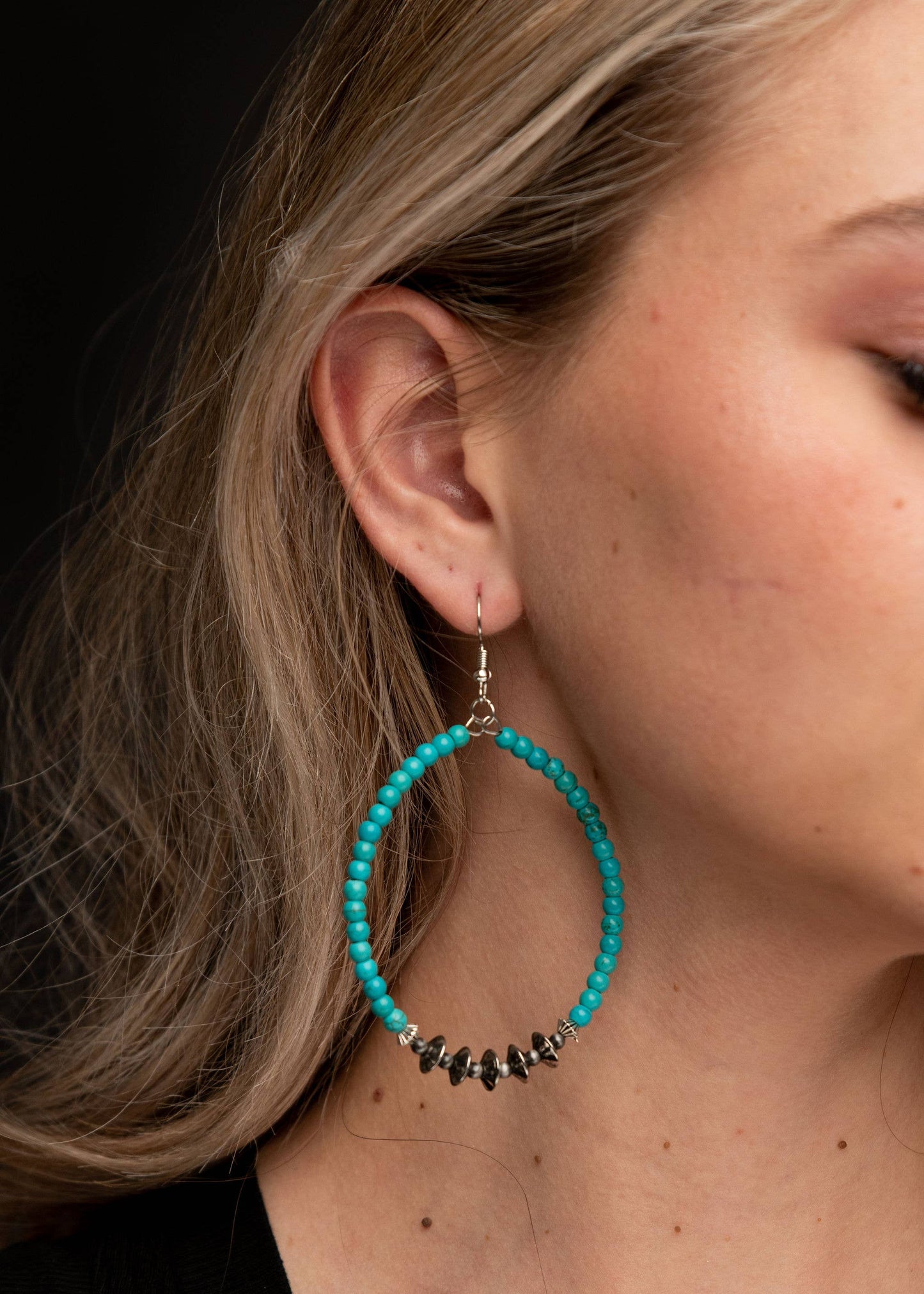 3.5" Green Beaded Hoop Earring with Silver Disc Accents