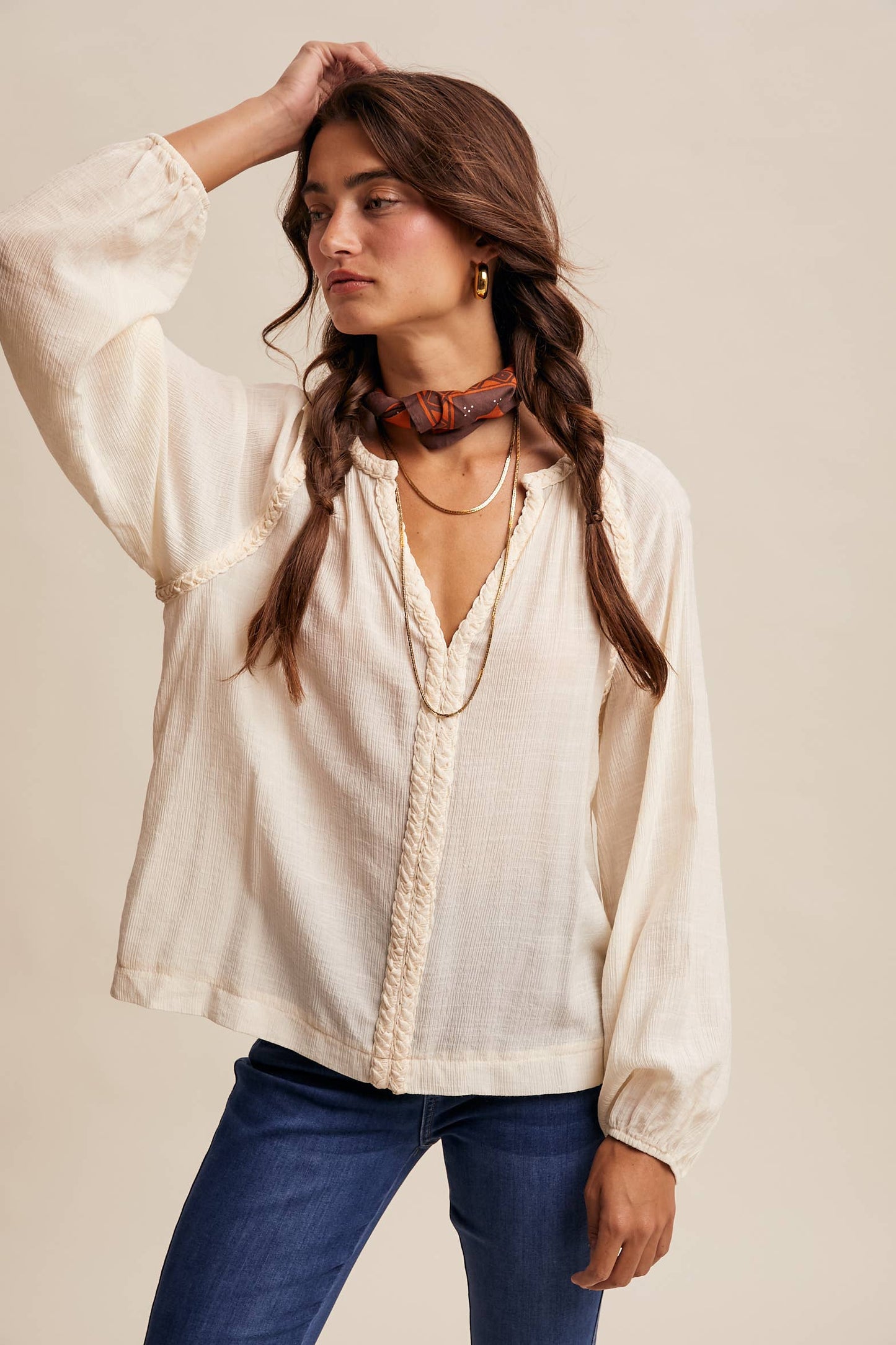 Braided Trim Peasant Blouse LT1447: Ecru / Contemporary / S