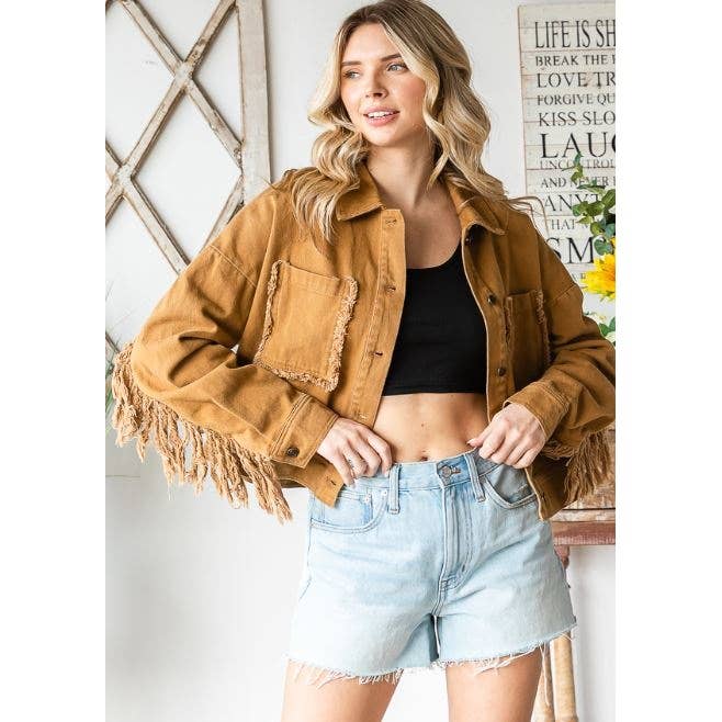WASHED BUTTON DOWN FRINGE TWILL JACKET: WASHED CAMEL / XS-S-M-L-XL(1-2-2-2-1)