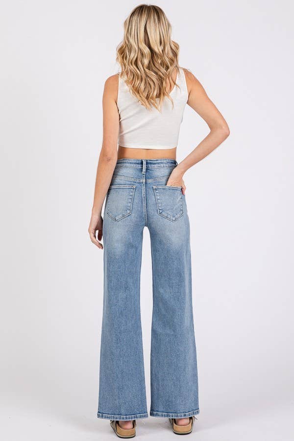 P1371W-MD HIGH RISE STRETCH SLIM WIDE LEG W/ DESTROYED HEM: 7/27