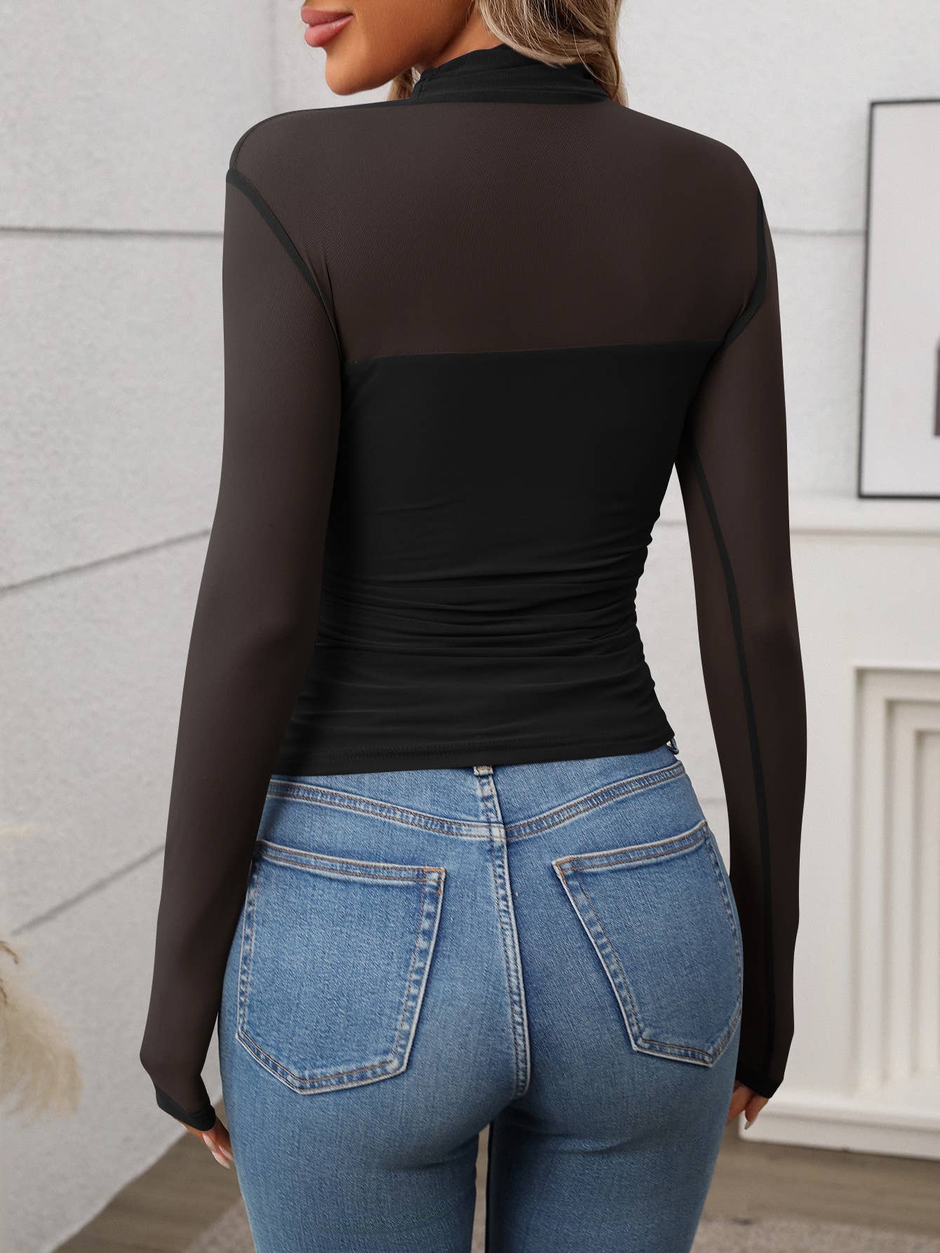 Half High Neck Sheer Long Sleeve Mesh Top: Black / L