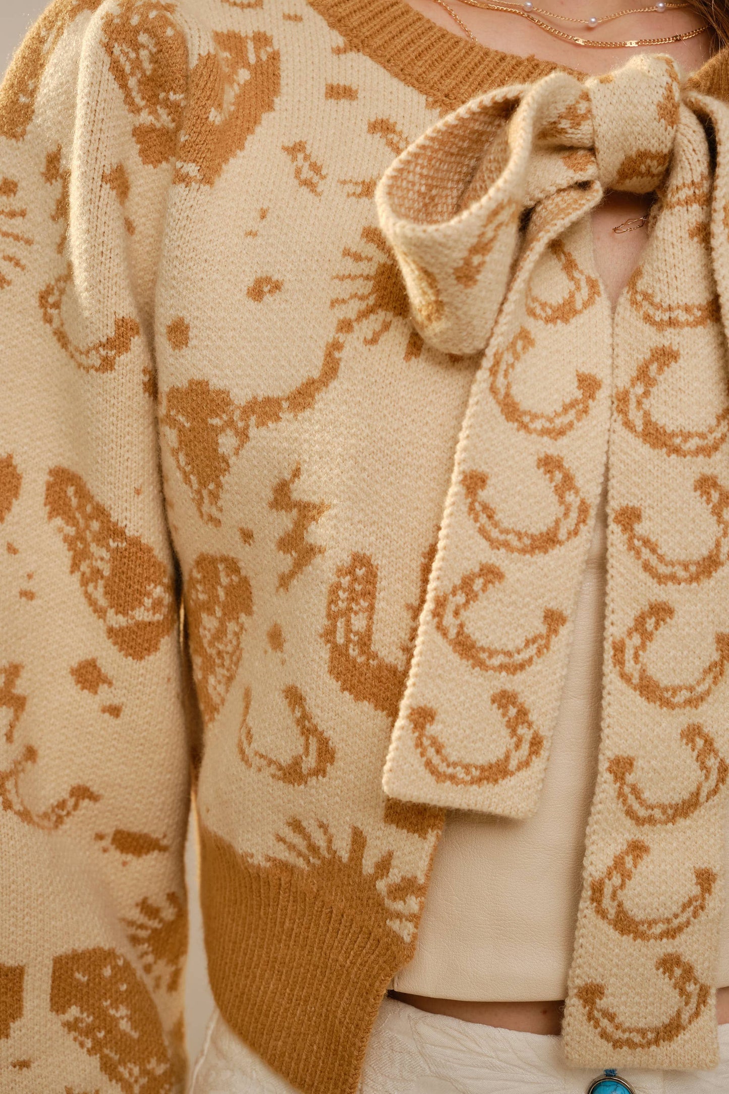 Western Motif Tie Front Cardigan: TAUPE