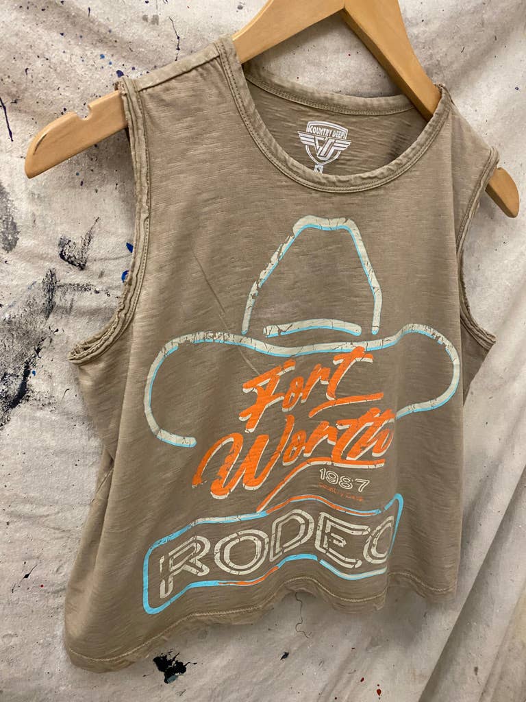 Fort Worth Rodeo 1987 vintage Muscle Crop Top : Small Faded Brown