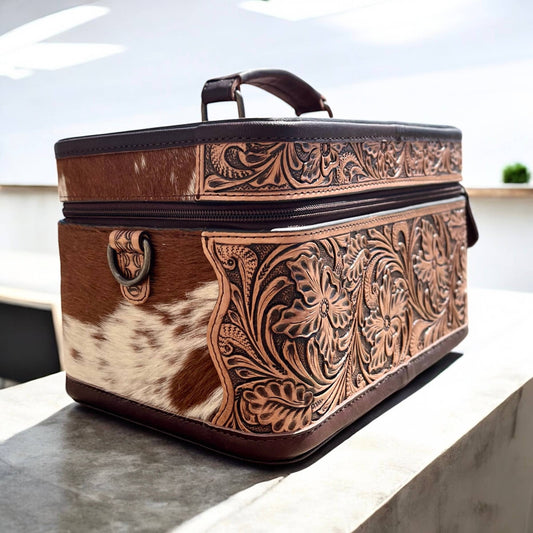 Brown tooled & cowhide jewelry box 