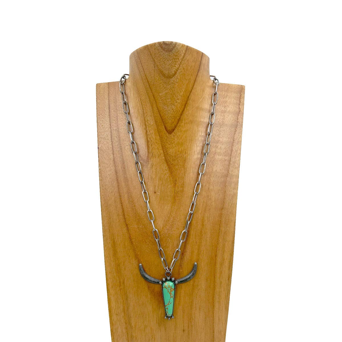 NKZ240414-04                        20 inches silver metal chain with blue turquoise stone long horn Necklace: BLUE