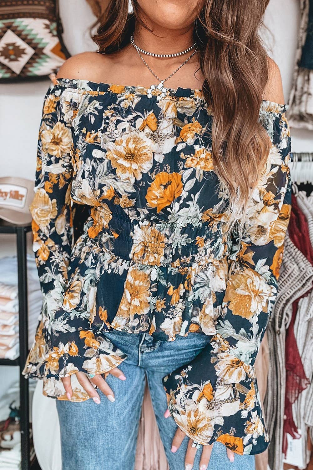 Floral Off Shoulder Bell Sleeve Smocked Peplum Top