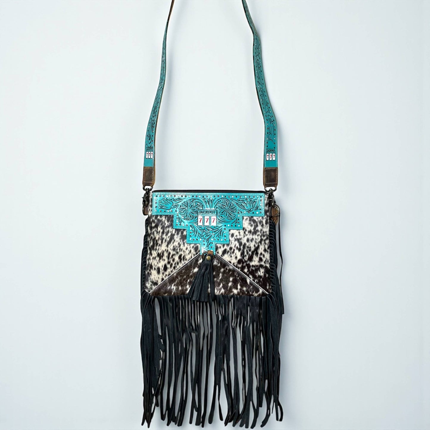 Turquoise jackpot tooled leather & cowhide crossbody bag 